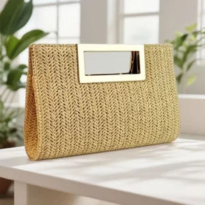 Woven straw clutch bag with chevron pattern, light brown, gold-tone metal handle. Perfect for summer outings.