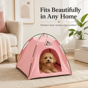 Pink fabric pet tent with black poles, a cozy bed for small dogs like the poodle shown.