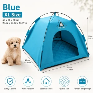XL blue polyester pet tent with quilted mat, water-resistant, portable for indoor/outdoor use.