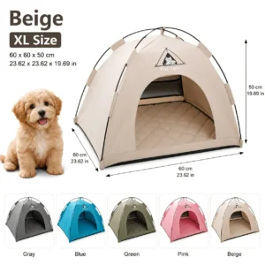 XL Beige portable pet tent with quilted mat, mesh window, and black poles for indoor/outdoor dog/cat comfort.