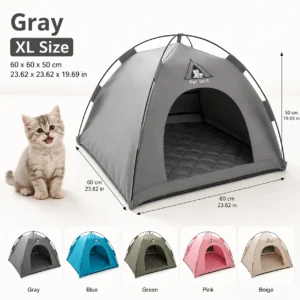 XL gray polyester pet tent with quilted mat, 60x60x50cm, for cats/small dogs to rest or sleep.