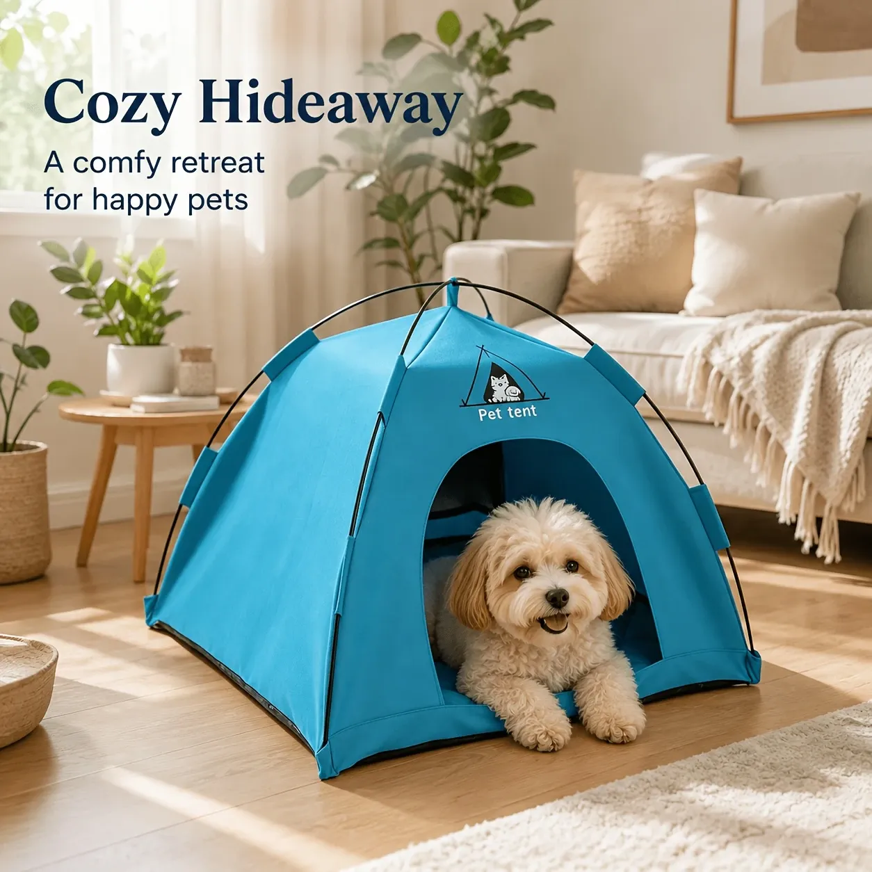 Portable Foldable Pet Tent | Blue, Large – Sumo Deals Blue Fabric Pet Tent With Black Poles, Featuring A Small Dog Inside, For Indoor Pet Comfort.
