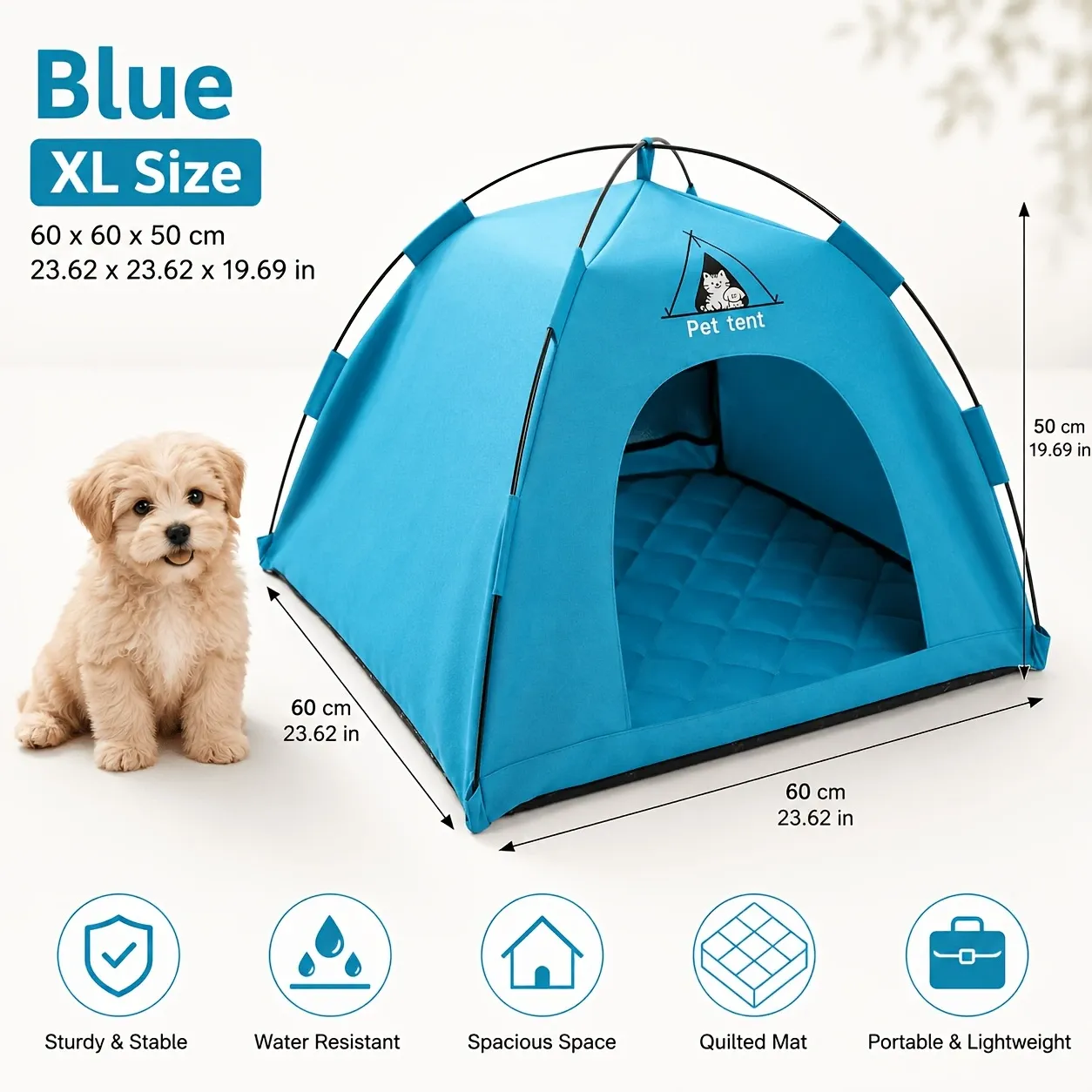 Portable Foldable Pet Tent | Blue, Large – Sumo Deals Xl Blue Pet Tent, Water-Resistant Fabric, With Quilted Mat, For Indoor/Outdoor Pet Shelter.