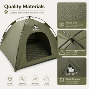 Portable Foldable Pet Tent | Blue, Large – Sumo Deals Olive Green Oxford Cloth Pet Tent With Flexible Support Rods, Stable Structure, And Quilted Mat For Comfort.