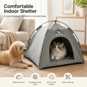 Gray Oxford cloth pet tent with black frame, cozy indoor shelter for cats and small dogs to rest.