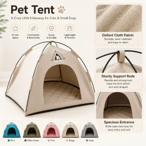 Beige Oxford cloth pet tent with black support rods and quilted mat, for cats and small dogs.