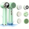 Mint green waterproof electric facial cleansing brush with LED display, silicone bristles, and 6 interchangeable heads.