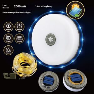 PAGAO solar-powered camping lantern with 10m warm white LED string light, waterproof plastic, for outdoor use.