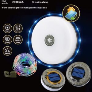 White plastic solar camping lantern with 10m colorful LED string lights, USB-C charging, waterproof, for outdoor use.