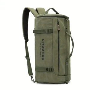 Olive green canvas duffel backpack with adjustable straps, front zipper, and "LIYOU BAG" logo, for travel.