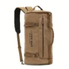 Brown canvas duffel bag with backpack straps, front zipper, and side handle for travel or gym.