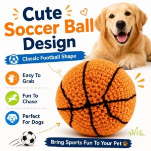 Orange knitted basketball-shaped dog toy, soft and textured, perfect for chasing and grabbing during playtime.