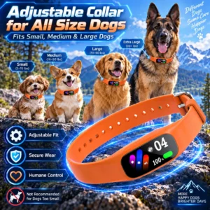 Adjustable orange silicone dog training collar with digital display for humane control and secure wear on all size dogs.