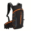 Black and orange nylon hydration backpack with reflective strips, bungee cords, and mesh straps for cycling.