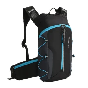 Luyisaber black and blue nylon hydration backpack with reflective accents, bungee cords, and zippered pockets for hiking