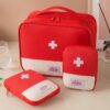 Red & white canvas first aid kit bags with white cross, zipper closure, for travel & home.