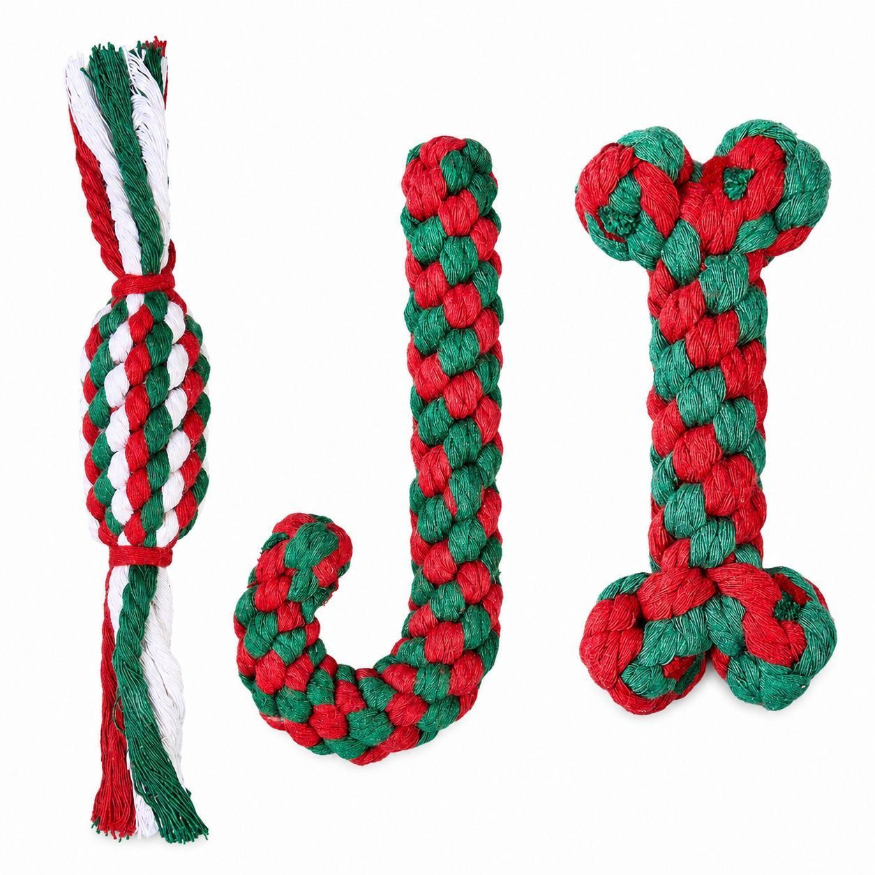 Christmas Dog Rope Toy 3-Pack | Festive Chew &Amp; Play – Sumo Deals Christmas-Themed Dog Rope Toys: Bone, Candy Cane, And Knotted Rope In Red, Green, And White For Chewing And Play.