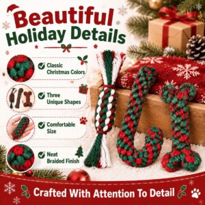 Christmas Dog Rope Toy 3-Pack | Festive Chew &Amp; Play – Sumo Deals Braided Rope Dog Toys In Red, Green, And White, Shaped Like Candy Cane, Bone, And Stick For Holiday Play.