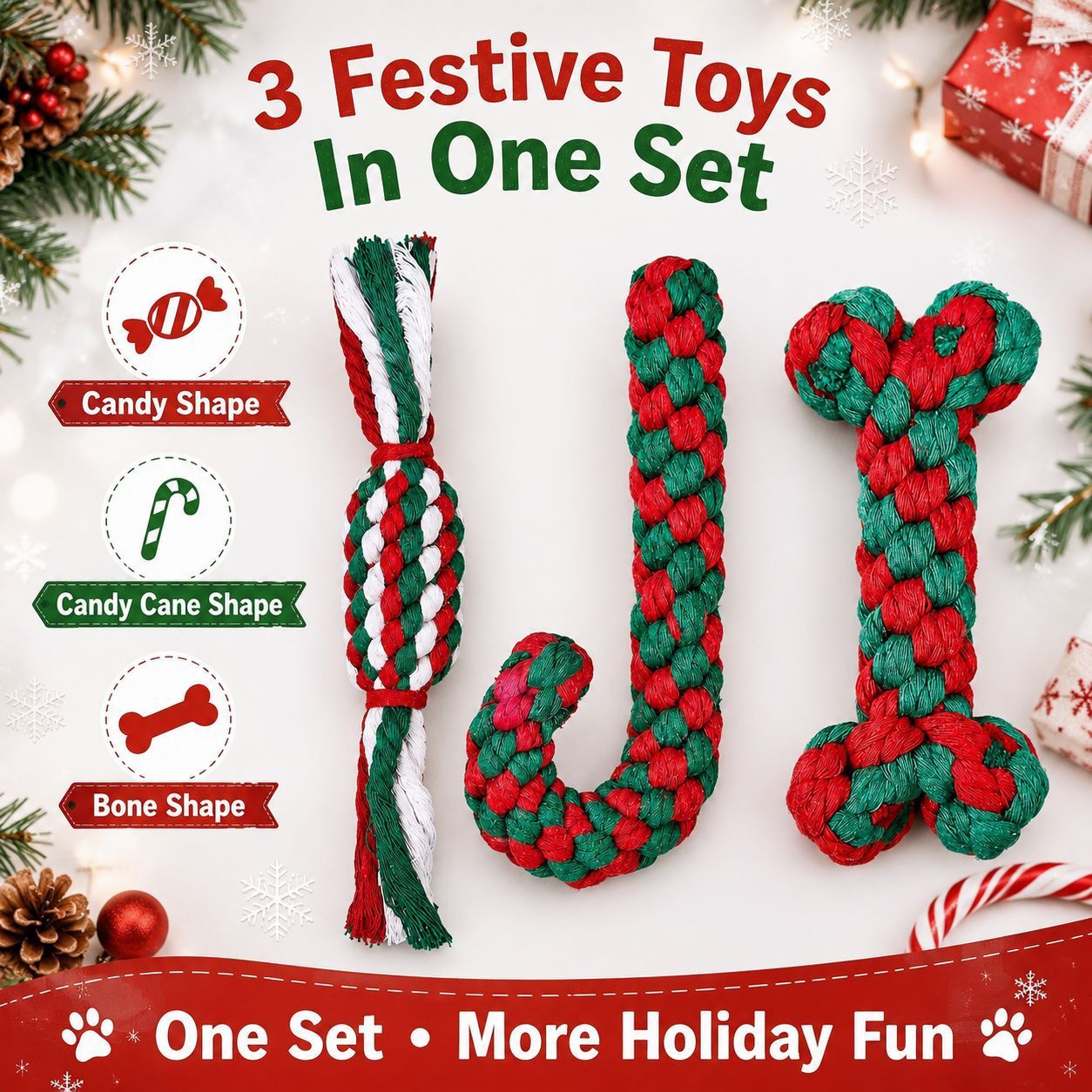 Christmas Dog Rope Toy 3-Pack | Festive Chew &Amp; Play – Sumo Deals 3-Pack Festive Dog Rope Toys: Red, Green, White Braided Cotton In Candy, Candy Cane, Bone Shapes For Chewing.