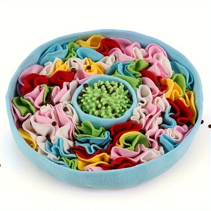 Pet Snuffle Mat Slow Feeder Bowl - Baby Blue – Sumo Deals Round Blue Felt Snuffle Mat With Colorful Fabric Strips And Green Rubber Center For Dog Enrichment.