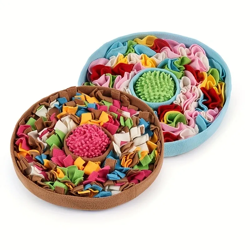 Pet Snuffle Mat Slow Feeder Bowl - Baby Blue – Sumo Deals Two Round Fabric Pet Snuffle Mats, One Brown, One Blue, With Colorful Fabric Strips For Enrichment And Slow Feeding.