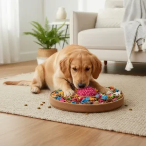 Pet Snuffle Mat Slow Feeder Bowl - Baby Blue – Sumo Deals Brown Felt Snuffle Mat For Dogs With Colorful Fabric Strips And A Pink Spiky Ball, Used For Slow Feeding.