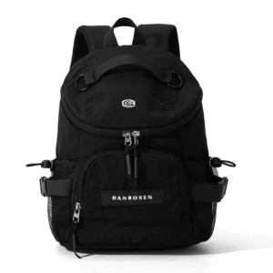 Black nylon DANROSEN backpack with front pocket, mesh side pockets, and top handle for travel or daily use.