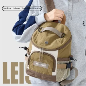 Danrosen Khaki Nylon Mini Backpack With Front Pocket, Mesh Side Pocket, And Top Handle For Outdoor/Travel.