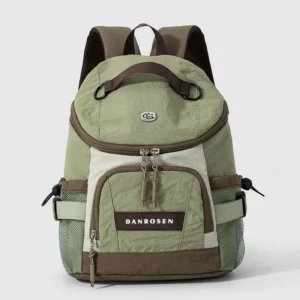 DANROSEN olive green & brown nylon backpack with front pocket, mesh side pockets, for travel or daily use.