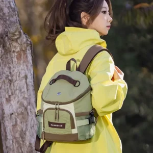 Danrosen Olive Green &Amp; Beige Nylon Mini Backpack With Brown Straps, Front Pocket, And Side Mesh Pockets For Hiking.
