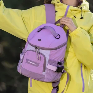 DANROSEN purple nylon mini backpack with front pocket, mesh side pockets, and top handle, for daily use or travel.