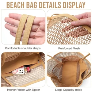 Tan Mesh Beach Bag With Comfortable Shoulder Straps, Reinforced Mesh, And Interior Zipper Pocket For Essentials.