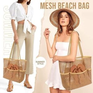 Mesh beach bag, natural woven straw-look with light brown trim, large tote for summer essentials.
