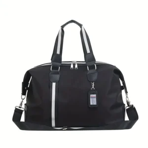 Black nylon duffel bag with white stripes, dual handles, and shoulder strap for travel or gym.
