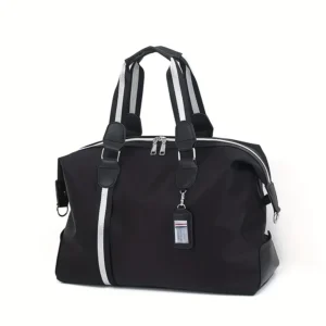 Black Nylon Duffel Bag With White Stripes, Dual Top Handles, And Silver Zippers For Travel Or Gym.