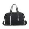 Black nylon duffel bag with white stripes, dual handles, and shoulder strap for travel or gym.