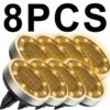 8-pack round solar ground lights, warm white LED, silver plastic, for outdoor garden path lighting.