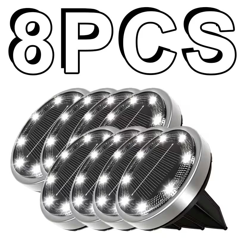 8-Pack Solar Garden Lights | Waterproof Outdoor Lighting – Sumo Deals 8Pcs Silver Metal Solar Ground Lights With 12 Bright Leds, Black Solar Panel, For Outdoor Garden Path Lighting.