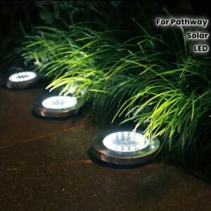8-Pack Solar Garden Lights | Waterproof Outdoor Lighting – Sumo Deals Round Silver Stainless Steel Solar Led Pathway Lights Illuminating A Garden Path.