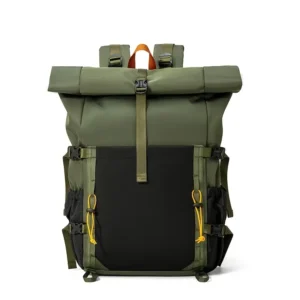 Olive green & black roll-top waterproof hiking backpack with yellow bungee cords, ideal for outdoor adventures.