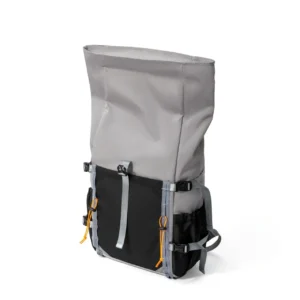 Roll-Top Backpack, Light Gray And Black Waterproof Fabric With Orange Accents, For Outdoor Adventures.