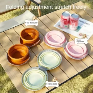 Collapsible Silicone Pet Bowls In Orange, Pink, And Light Green, Shown Folded &Amp; Expanded For Travel/Camping.