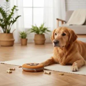 Round Brown Leather Dog Treat Pouch With Paw Print, Zipper Closure, For Pet Training And Travel.