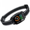 Black nylon dog bark collar with digital display, white reflective stitching, for pet training.