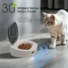 Smart Sensor Pet Feeder | Auto Open/Close, 300Ml – Sumo Deals White Plastic Pet Feeder With Infrared Sensor, Automatically Opening For Feeding, Shown With Cat.