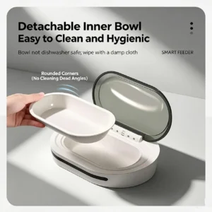 White Plastic Smart Pet Feeder With Detachable Inner Bowl For Easy Cleaning, Shown Open.