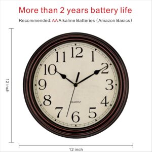 12-Inch Round Quartz Wall Clock With A Dark Brown Plastic Frame And Cream Face, For Home Or Office Decor.