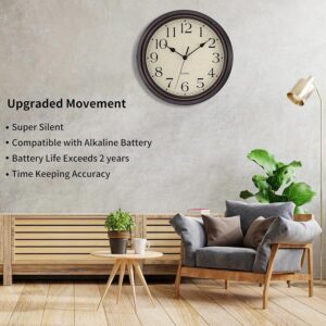 Round Wall Clock, Dark Brown Plastic Frame, Cream Face, Black Arabic Numerals. Silent Quartz Movement For Home/Office.