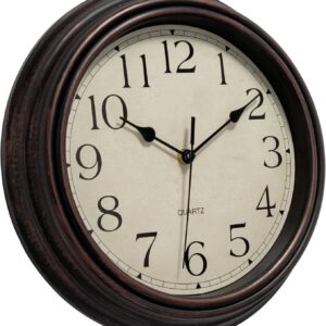 Vintage Round Wall Clock, Dark Bronze Plastic Frame, Distressed White Face, Black Arabic Numerals, For Home Decor.
