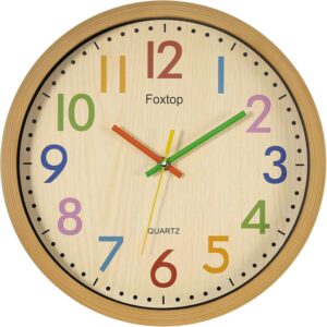 Wooden-framed wall clock with colorful numbers and hands, light wood face, for kids' rooms or learning time.